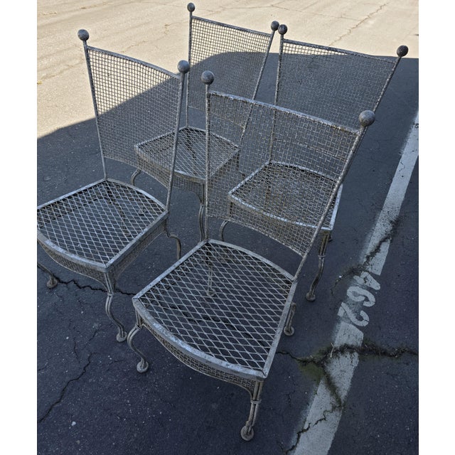 Vintage Rare 1960's Russell Woodard Attributed Mesh Wrought Iron Patio Glass Table and 4 Chairs For Sale - Image 12 of 18