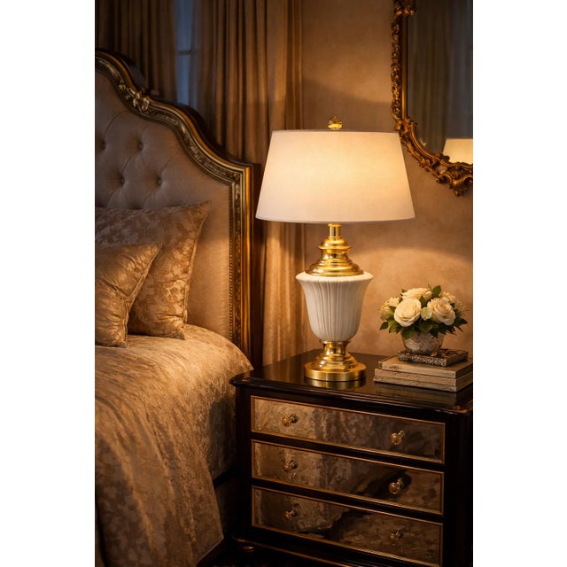 Metal Late 20th Century Hollywood Regency White Fluted Ceramic & Brass Urn Table Lamp, 34” For Sale - Image 7 of 8