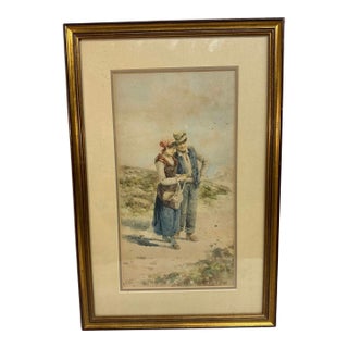 Quality Antique 19th Century Signed Man Lady Woman Realism Watercolor Painting For Sale