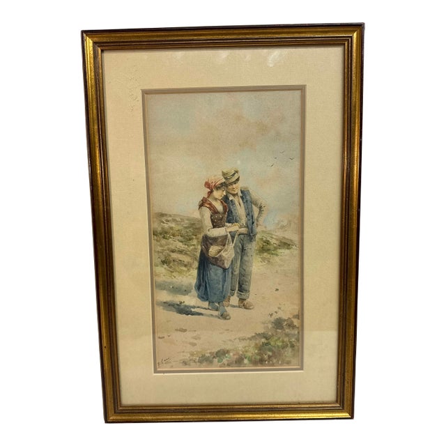 Quality Antique 19th Century Signed Man Lady Woman Realism Watercolor Painting For Sale