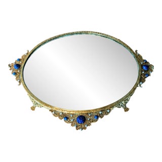 Antique Vanity Tray With Filigree Adorned by Rose Cut and Pearl Like Gems For Sale