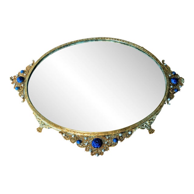 Antique Vanity Tray With Filigree Adorned by Rose Cut and Pearl Like Gems For Sale