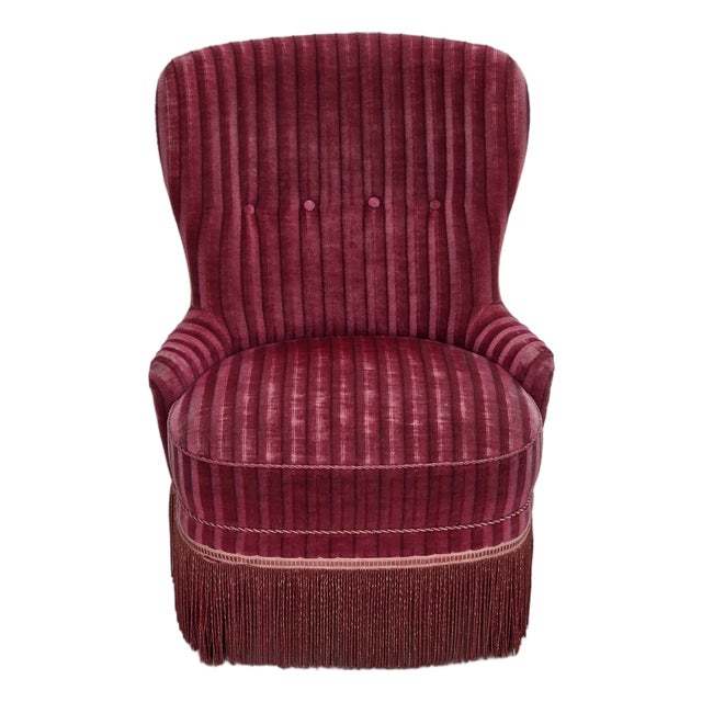 Danish Armchair in Striped Red Furniture Velour, 1960s For Sale