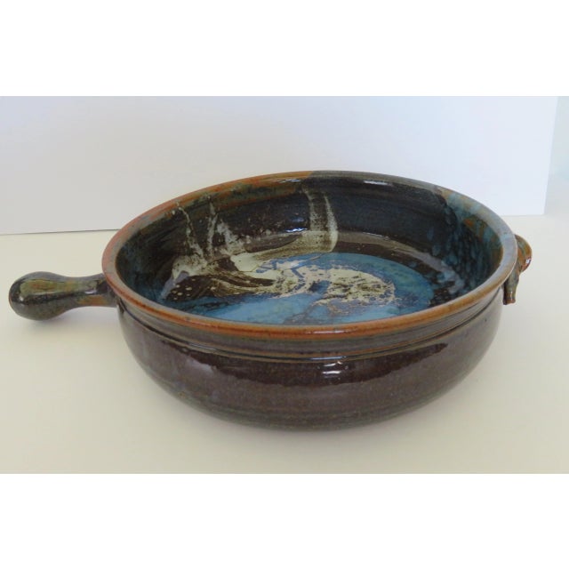 Late 20th Century Signed Vintage Hand-Made Glazed Pottery Bowl With Handle Rustic Colors For Sale - Image 4 of 9