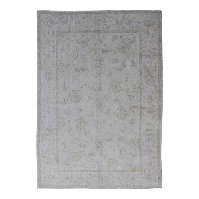 Vintage Turkish Oushak Rug With Pale Ivory Ground and Soft Sage, Blush 6'8 X 9'3 For Sale