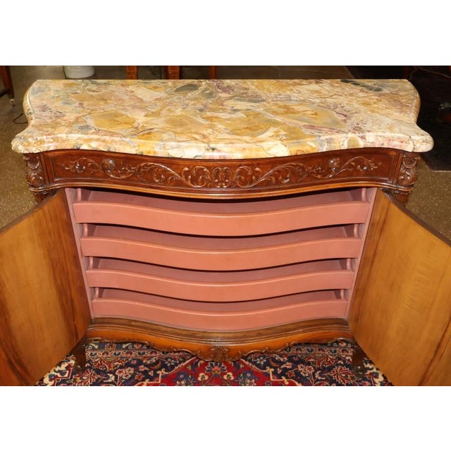 French Louis XVI Style Marble Top Burl Wood Server Dresser Commode Circa 1920 For Sale - Image 9 of 14