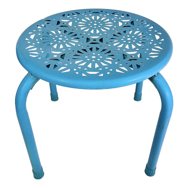 Mid-Century Boho Chic Atomic Pierced Metal Outdoor Patio Low Stool. For Sale