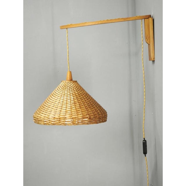 Czechoslovak Rattan and Wood Swing Arm Wall Lamp, 1960s For Sale - Image 12 of 13