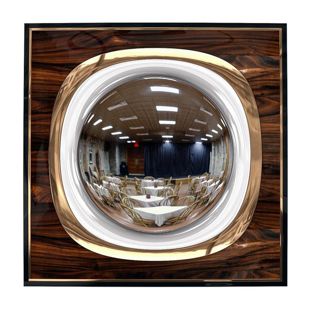 "Calamità" Convex Mirror With Walnut, Stainless Steel, Bronze Details For Sale - Image 4 of 5