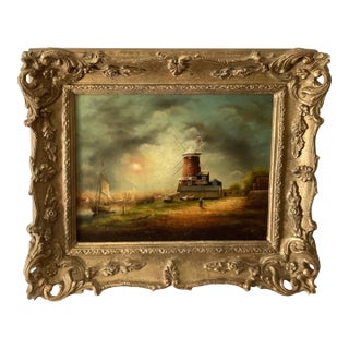Charming Dutch School, Oil Painting On Board COastal Scene with Windmill For Sale