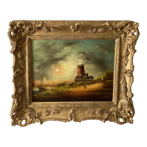 Charming Dutch School, Oil Painting On Board COastal Scene with Windmill