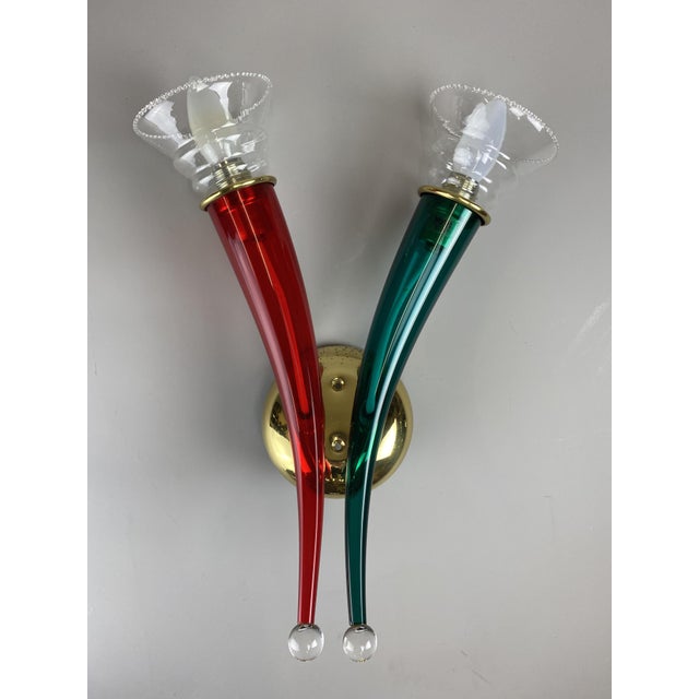 Mid-Century Modern Ducale Hand Blown Red and Green Murano Glass Sconce by VeArt, 1970 For Sale - Image 3 of 17