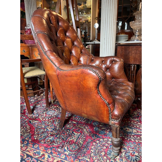 English 1920s Antique English Tufted Leather Library Chair For Sale - Image 3 of 11