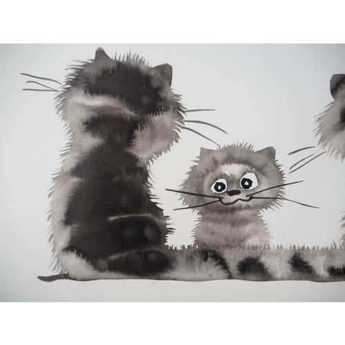 Laszlo Tibay, Tenderness of Cats, Pen on Paper For Sale - Image 3 of 7