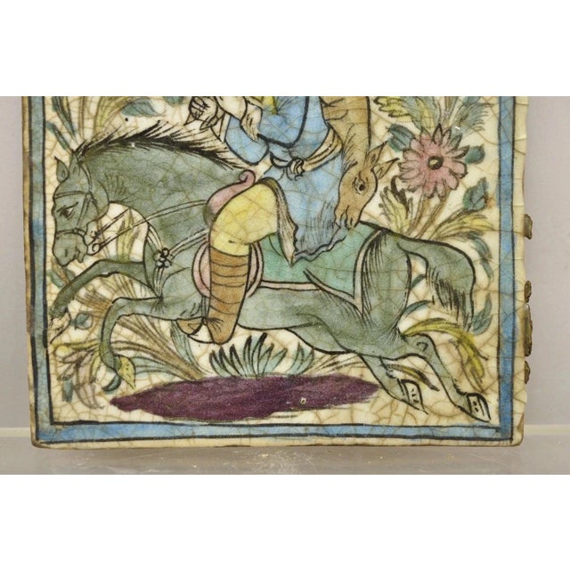 Antique Persian Iznik Qajar Style Ceramic Pottery Square Tile Hunter & Horse C4 For Sale - Image 4 of 10