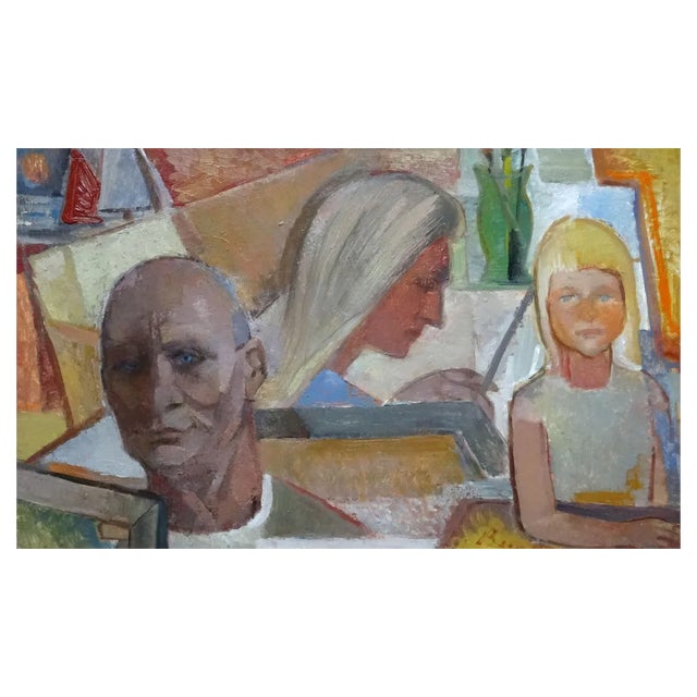 Aleksandra Belcova, Painter's Family, Oil on Cardboard, 20th Century For Sale