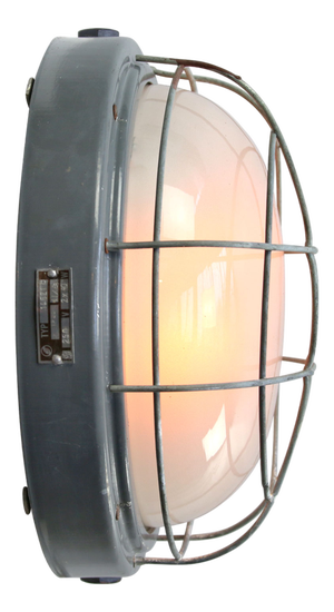 Vintage Industrial Round Gray Metal and Clear Glass Wall Lamp