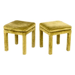 Pair of Parsons Style Green Velvet Upholstered Stools For Sale
