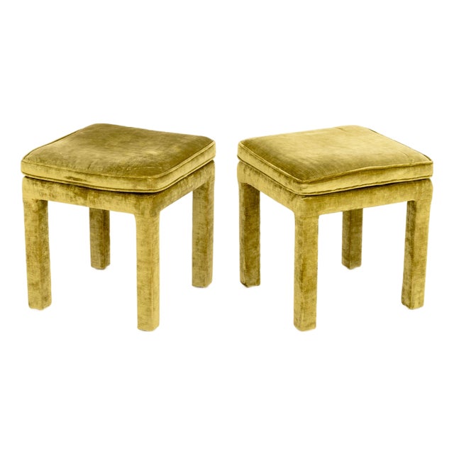 Pair of Parsons Style Green Velvet Upholstered Stools For Sale