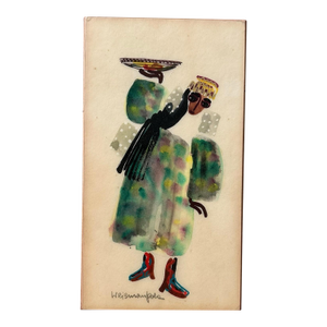 Pola Weizman Israeli Art Painting - Signed Kibbutz Ma'ayan Tzvi Folk Modern Figure - Vintage Handmade Mixed Media on Paper - 13.5 × 8 In