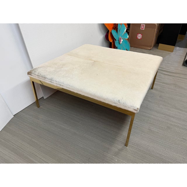 2010s Modern Square Cowhide Ottoman + Brass Frame For Sale - Image 5 of 12