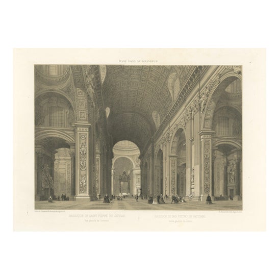 After Bayot, Interior of St. Peter's Basilica, Vatican, Rome, 1869, Lithograph For Sale