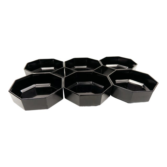 1980s Arcoroc France Octagonal Black Glass Serving Bowls Set 6 For Sale