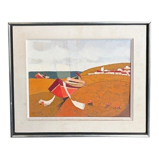 Mid Century Modernist Abstract Landscape Painting - A Boat Sits on a Beach - Signed For Sale