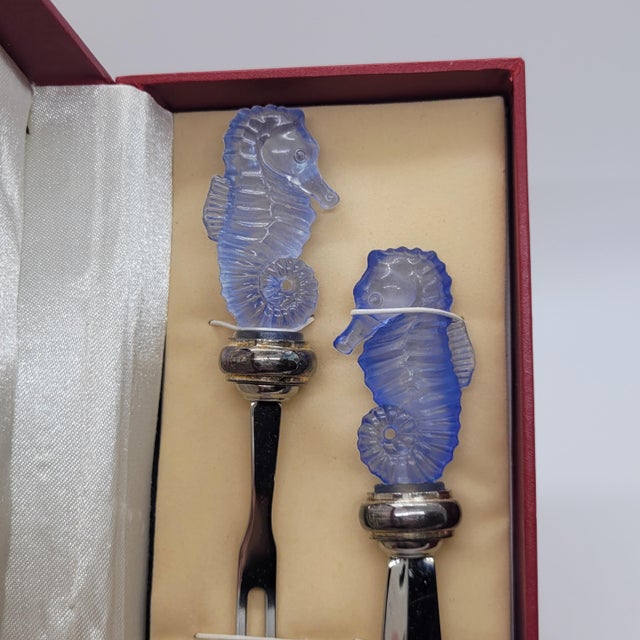 Late 20th Century Hans Turnwald Marine Life Seahorse Spreader and Food Pick Set Silver Plated Blue With Box For Sale - Image 4 of 5