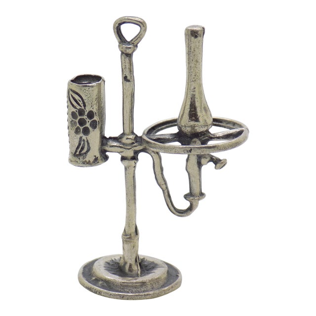 Vintage Italian Handmade Genuine Silver Old Oil Lamp Dollhouse Miniature For Sale