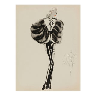 Vintage French Fashion Art Print – Black and White Fur Sleeve Illustration, 18" X 24" For Sale