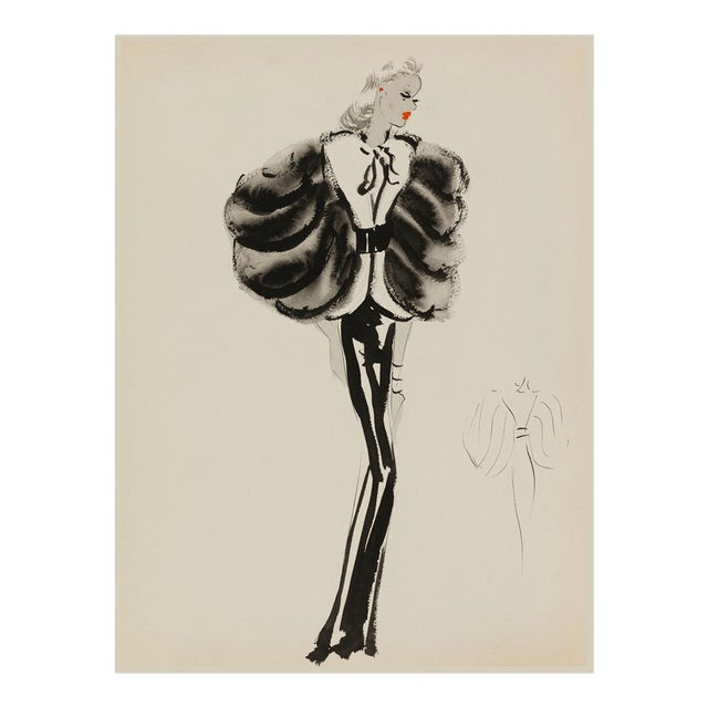 Vintage French Fashion Art Print – Black and White Fur Sleeve Illustration, 18" X 24" For Sale