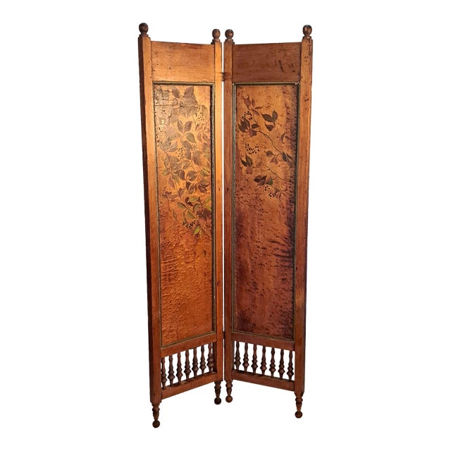 Victorian-Style Antique 2-Panel Wooden Room Divider Screen, Hand-Painted Leaf Design For Sale