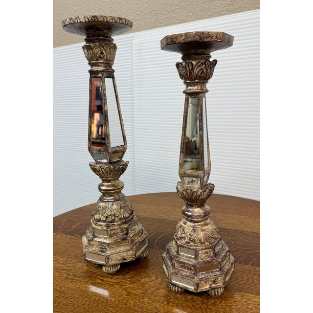 Traditional Neoclassical Revival Mirrored Column Candleholders, Pair For Sale - Image 3 of 12