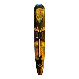 40" Hand-Carved Indonesian Wood Wall Mask - Elongated Balinese Tribal Foil-Accent Sculpture (39.5") For Sale