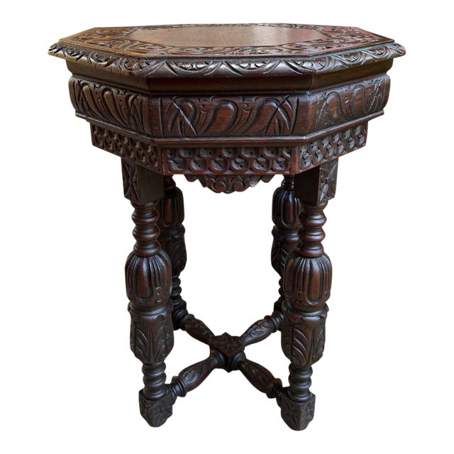 Petite Antique French Octagon Center Side Table Side End Renaissance Carved Oak For Sale