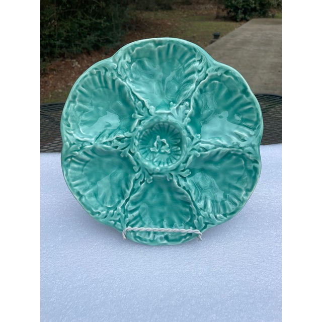 Turquoise 1940s French Gien Turquoise Majolica Oyster Plate For Sale - Image 8 of 13