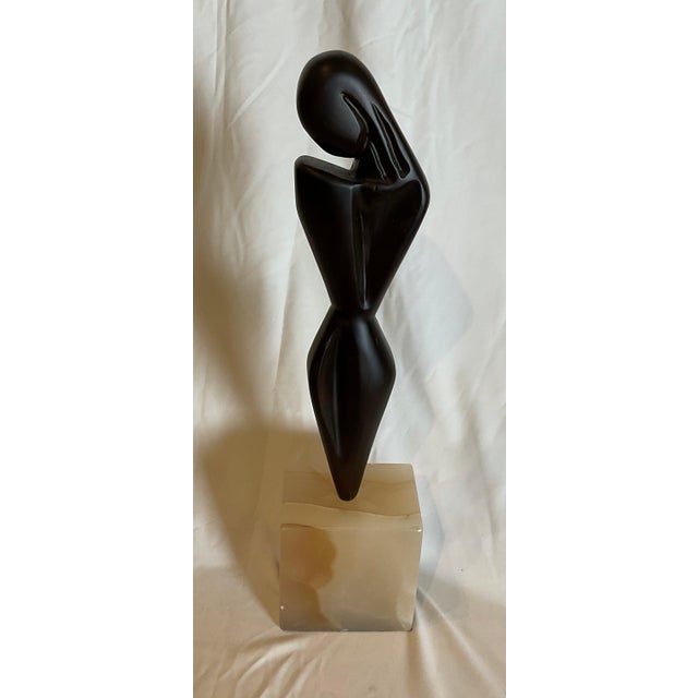 Stone Mid Century Hand Carved Teak Sculpture on Alabaster Base For Sale - Image 7 of 9