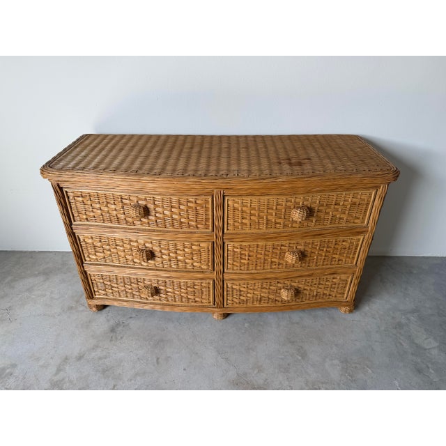 Mid-Century Modern Vintage Coastal Organic Woven Rattan Six-Drawer Dresser For Sale - Image 3 of 12