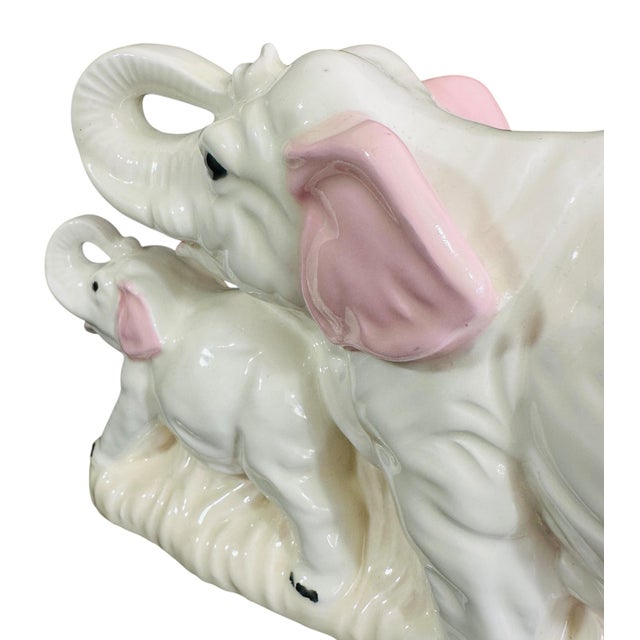 Vintage 1970s Ceramic Elephant Mother & Baby Figurine | Lucky Trunks Up Decor | White & Pink Porcelain Collectible | Mid Century Animal Statue For Sale - Image 9 of 11
