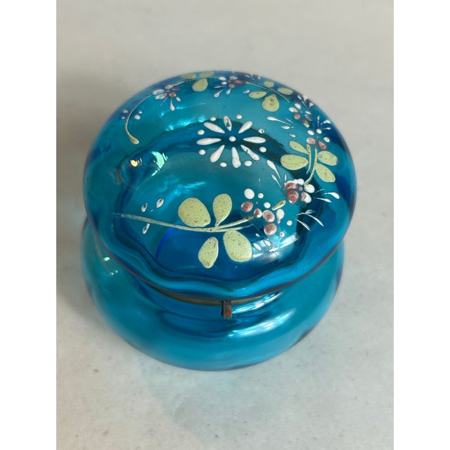 Metal Antique Victorian Attributed to Moser Vanity Powder Jar Painted Blue Bohemian Glass Brass Hinge For Sale - Image 7 of 12