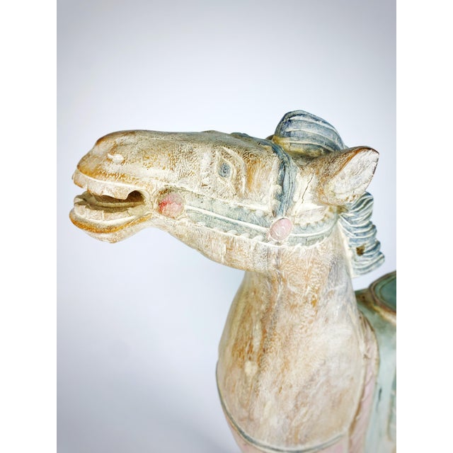 Almond Large Vintage Balinese Carved Wood Horse Sculpture – 21″ Pastel Saddle Decor For Sale - Image 8 of 12