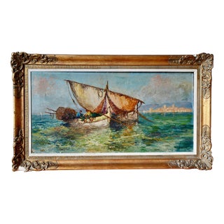 Noël Barsac, Mediterranean Fishing Scene, 1950s, Oil on Canvas For Sale