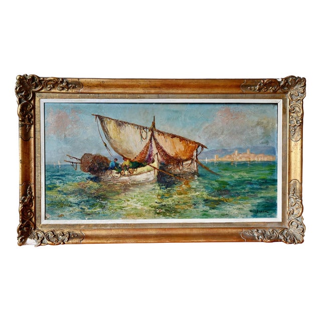 Noël Barsac, Mediterranean Fishing Scene, 1950s, Oil on Canvas For Sale