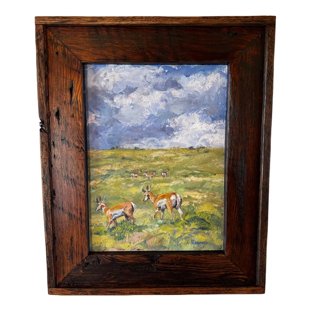 "Storm Rolling In" ~ Lorie Batson, Original Oil Painting. A Quiet Prairie Scene That Captures Prong Horn Grazing Under a Dramatic Colorado Sky. For Sale