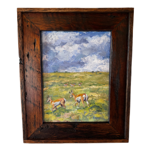 "Storm Rolling In" ~ Lorie Batson, Original Oil Painting. A Quiet Prairie Scene That Captures Prong Horn Grazing Under a Dramatic Colorado Sky.
