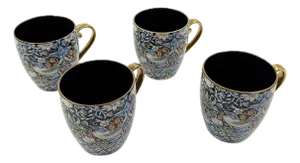 Morris & Co. Porcelain Mug With Classic Strawberry Thief Motif and Gold Handles - Set of 4