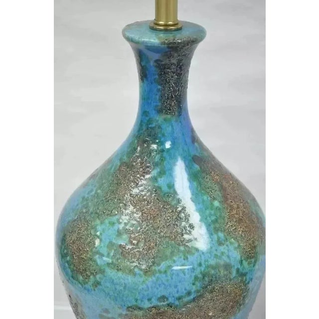 Wood Mid Century Italian Modern Blue Glazed Ceramic Pottery "Earth" Table Lamp - Pair For Sale - Image 7 of 10