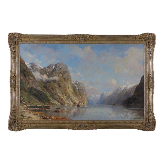 Henry Enfield, Large Victorian Norwegian Fjord Landscape, Oil on Canvas, Framed For Sale