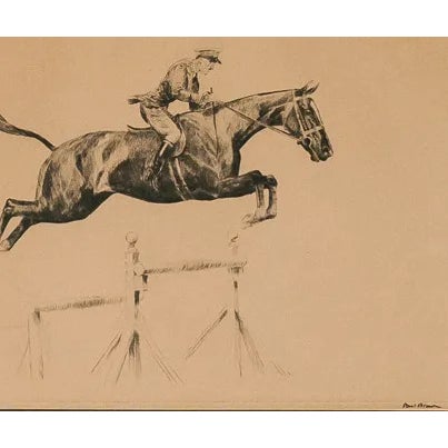 Classic pen & ink drypoint depicting a military rider clearing a 'Tripple Bar' fence signed Paul Desmond Brown (LR) with...